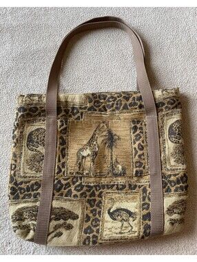 VTG Linda Jones Collection Safari Animal Tapestry Tote Shoulder Bag 17"x14"